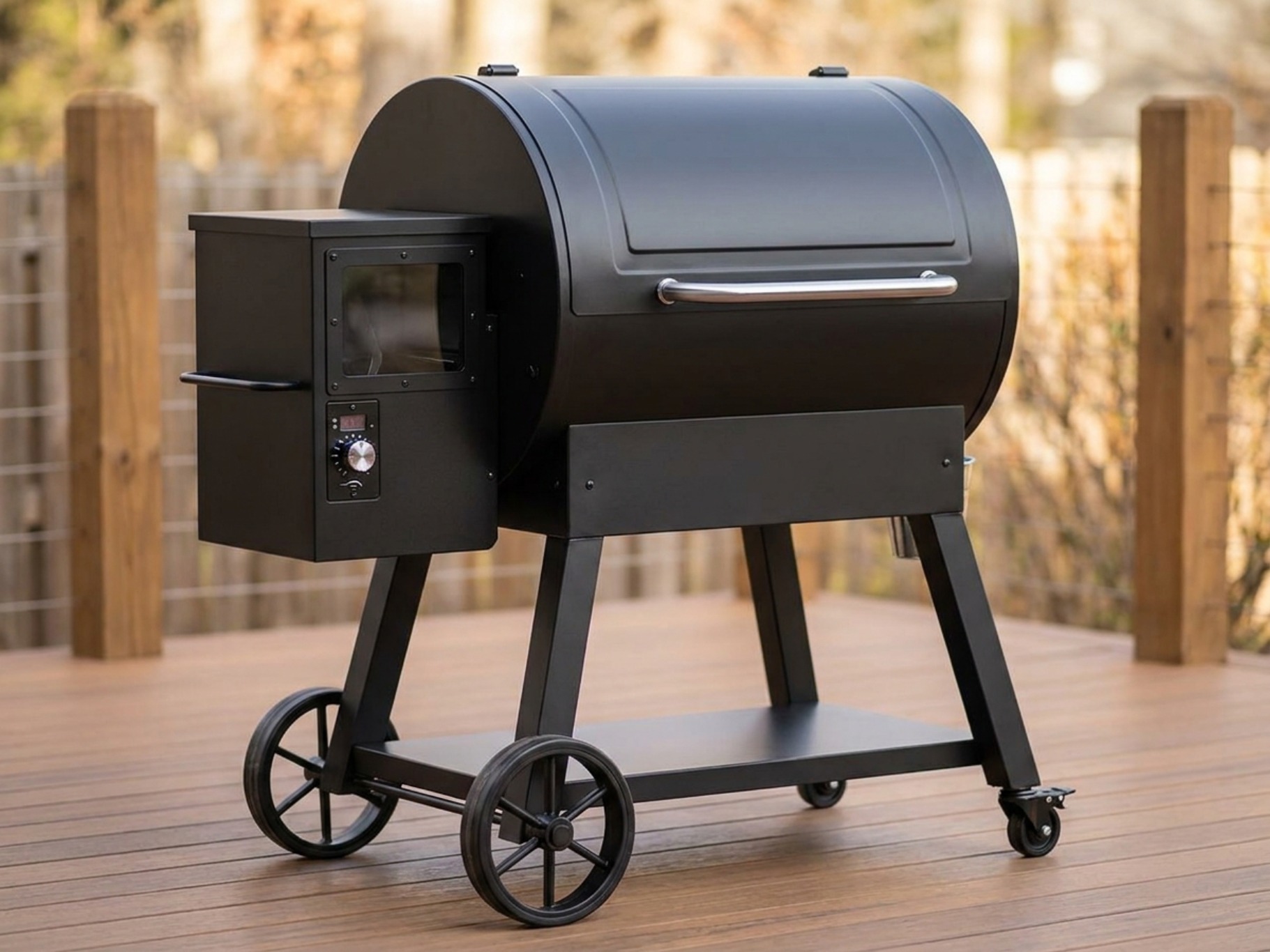 A pellet grill with a rounded barrel hood on a black steel cart, on an outdoor patio deck