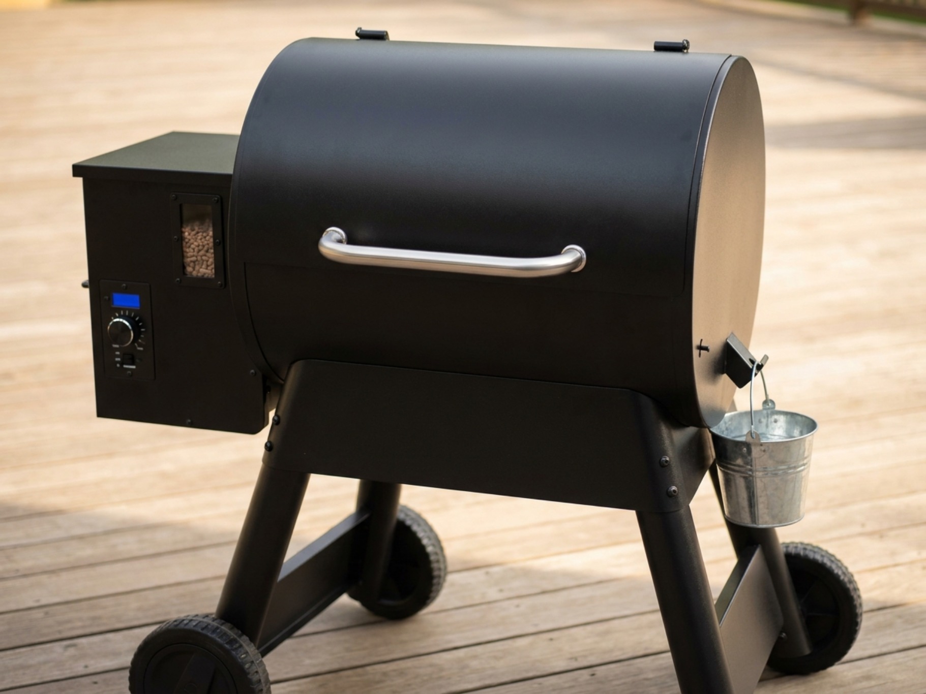 Pit Boss 700FB2 style pellet grill with a closed lid and simple open-leg stand on a patio deck