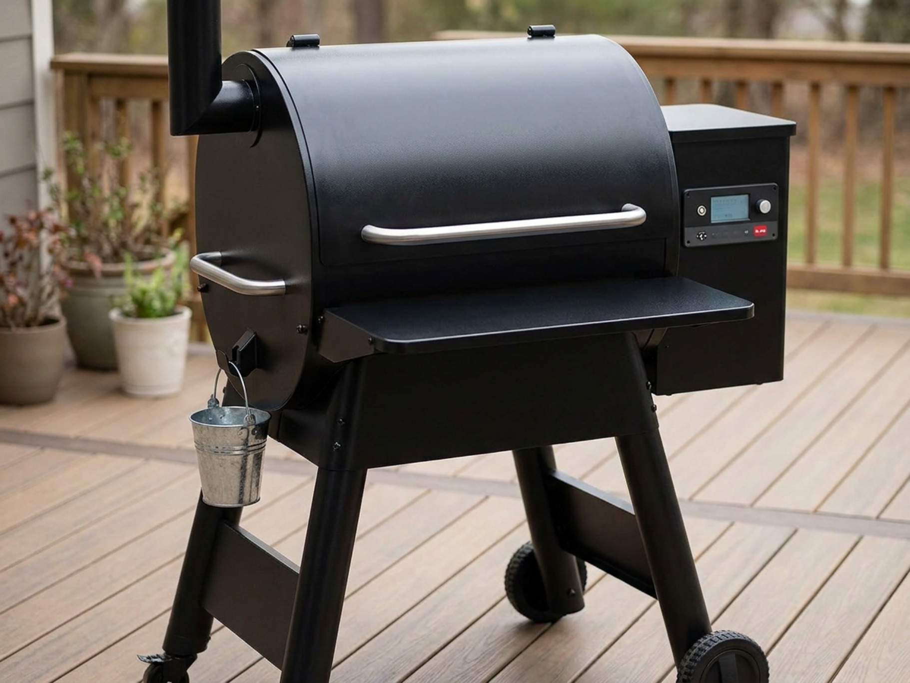 Traeger Pro 780 style pellet grill with a chimney stack and a fold-down front shelf on a patio deck
