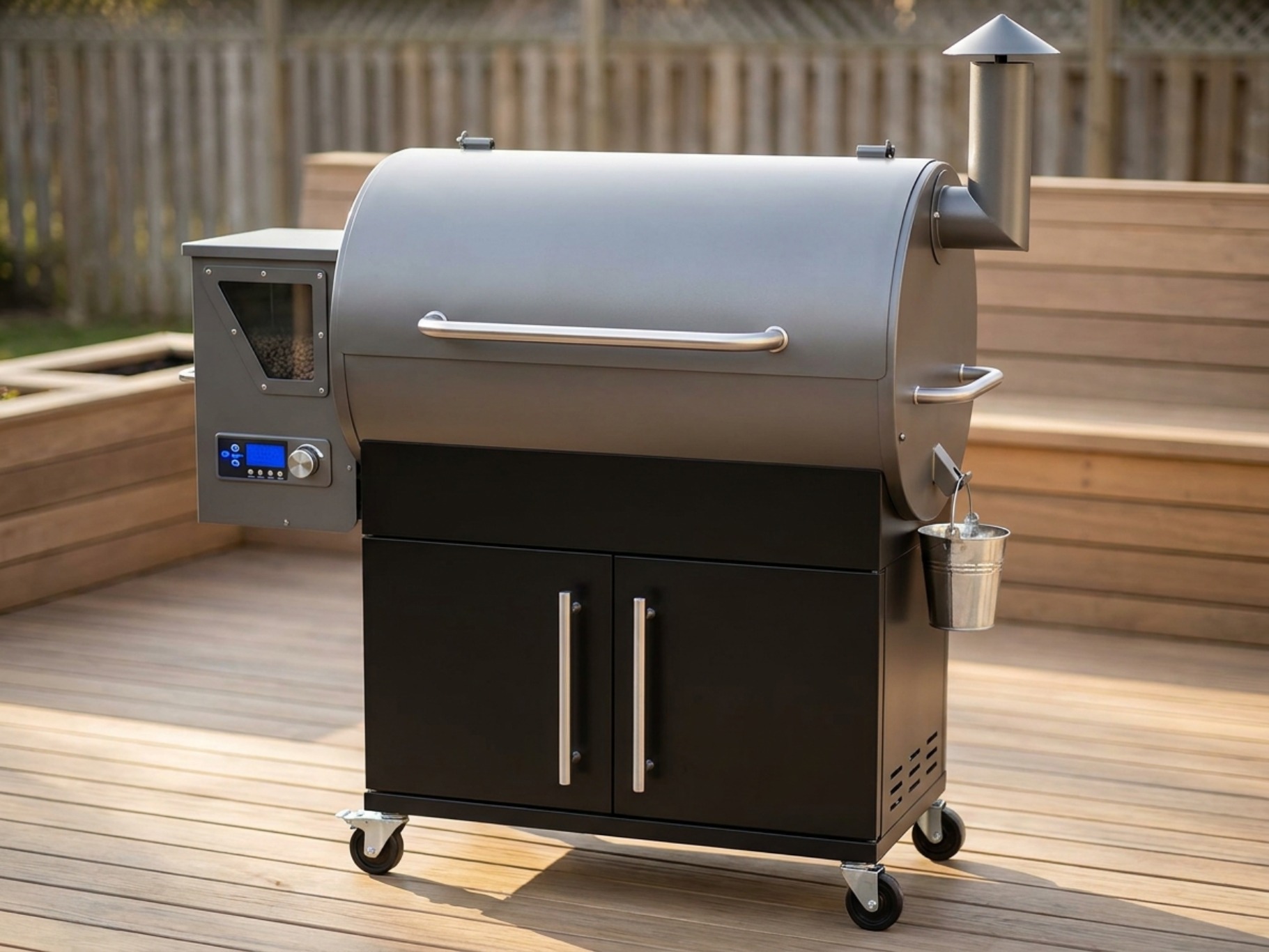 Z Grills 700D4E style pellet grill with an offset smoke stack and an enclosed cabinet base