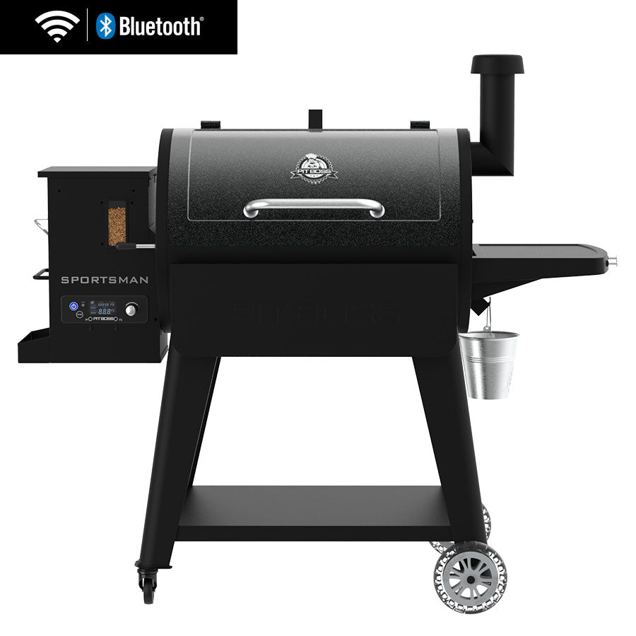 Pit Boss Sportsman 850 pellet grill with a folding front shelf and bottom storage shelf on a patio deck