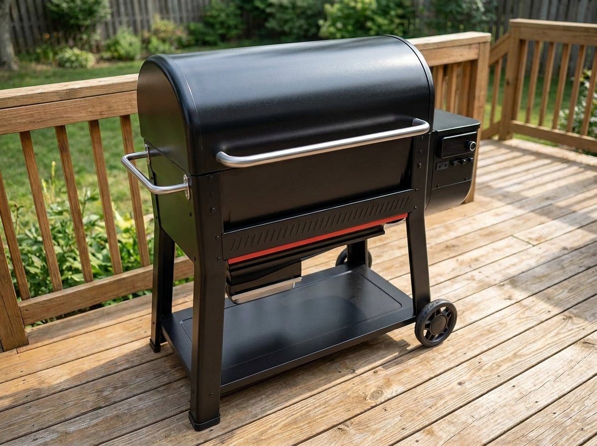 Weber Searwood XL 600 style pellet grill with a closed lid on a patio deck