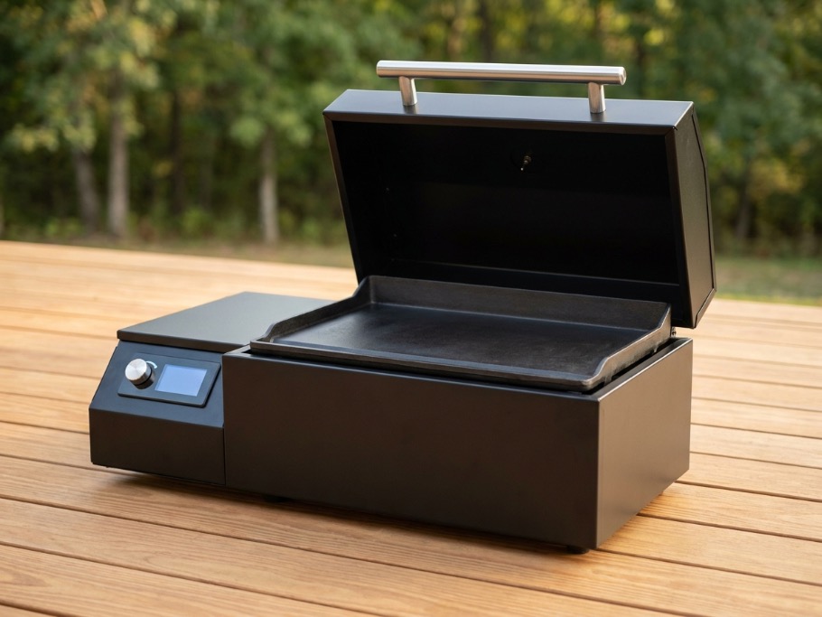 Traeger Ranger style tabletop pellet grill with a cast iron griddle
