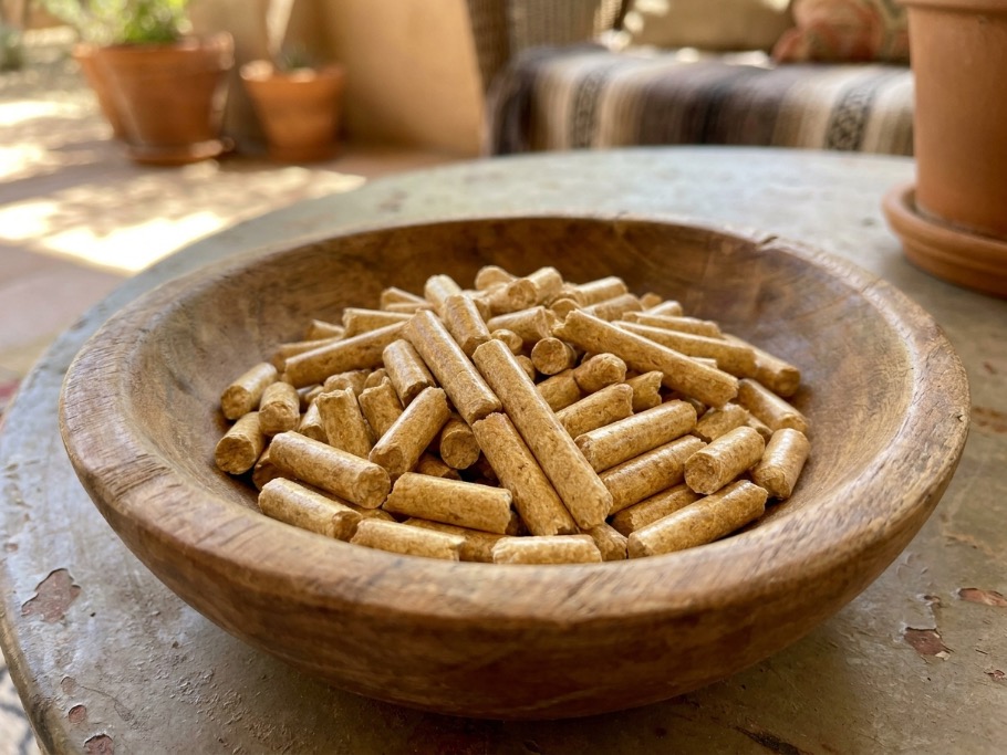 Hickory, cherry, hard maple, and apple wood pellets in a wooden bowl