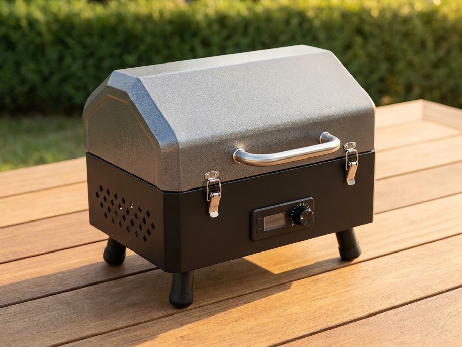Cuisinart CPG-256 style compact pellet grill and smoker on a wooden deck