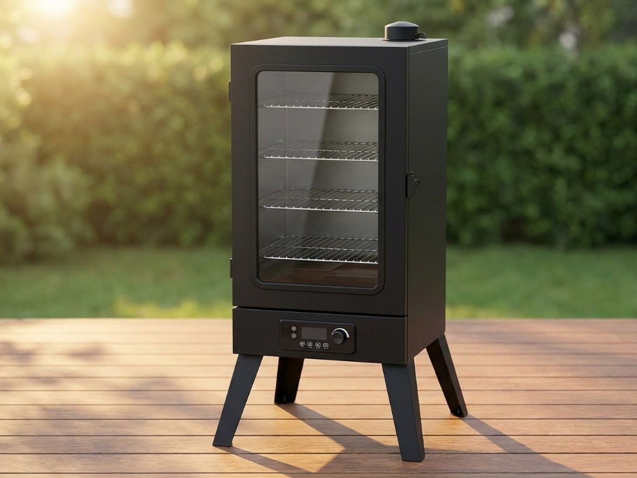 Masterbuilt 710 style vertical electric smoker cabinet with a side-loading chip tray and digital control panel