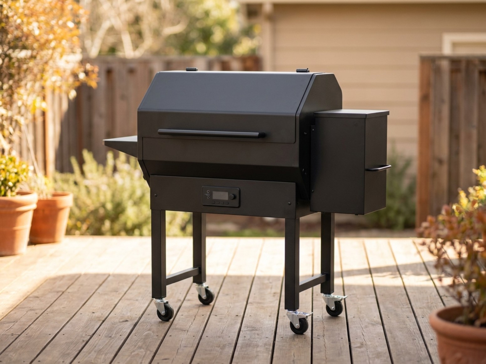 Generic pellet grill with a side hopper and digital controller, sitting on a wood deck patio