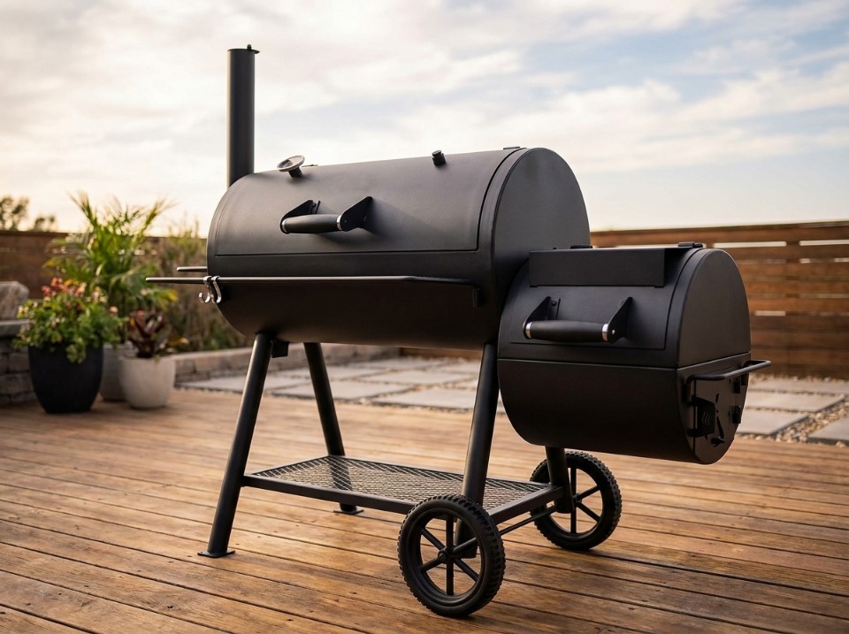 Oklahoma Joe's Highland Classic offset smoker with its side firebox and main cooking chamber