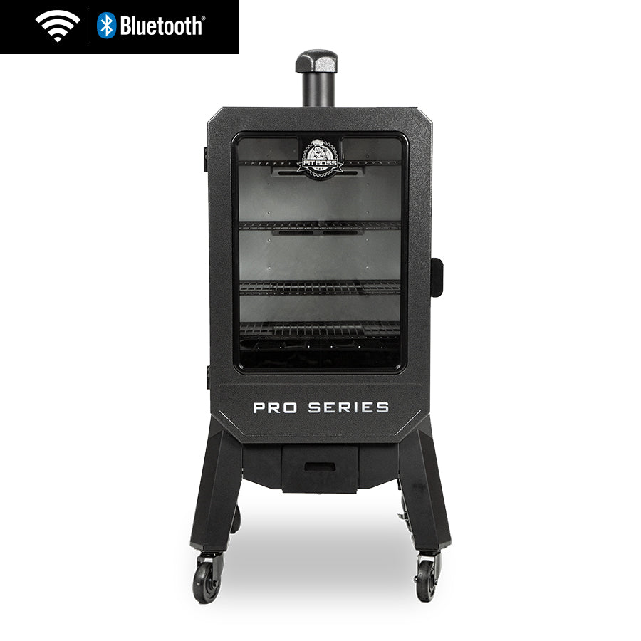 Tall vertical pellet smoker cabinet with a front view window and four stacked cooking racks visible through the open door