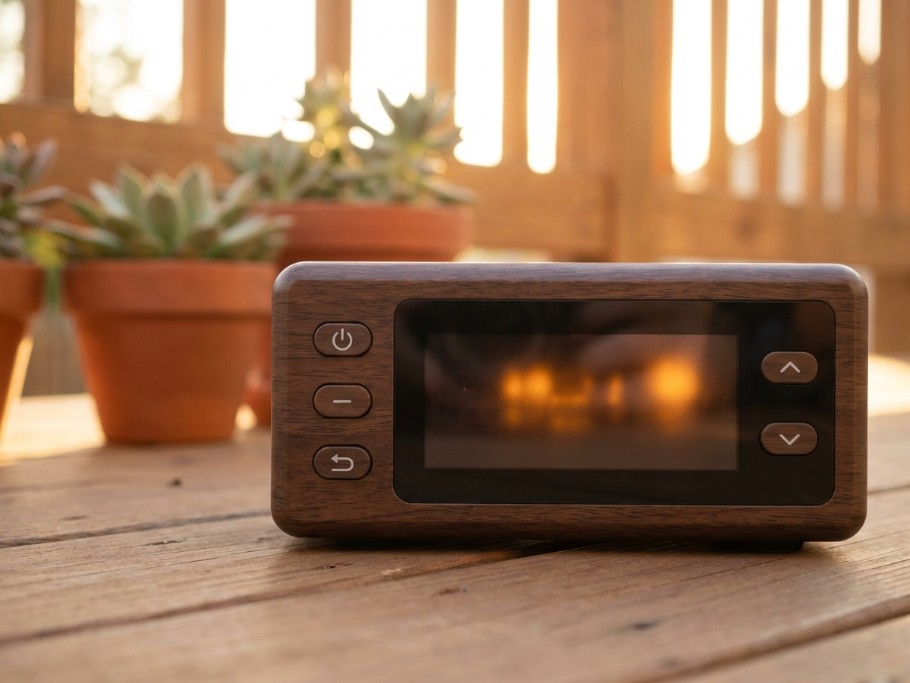 Wood-toned pellet grill control panel with buttons and a glowing amber display, on an outdoor deck
