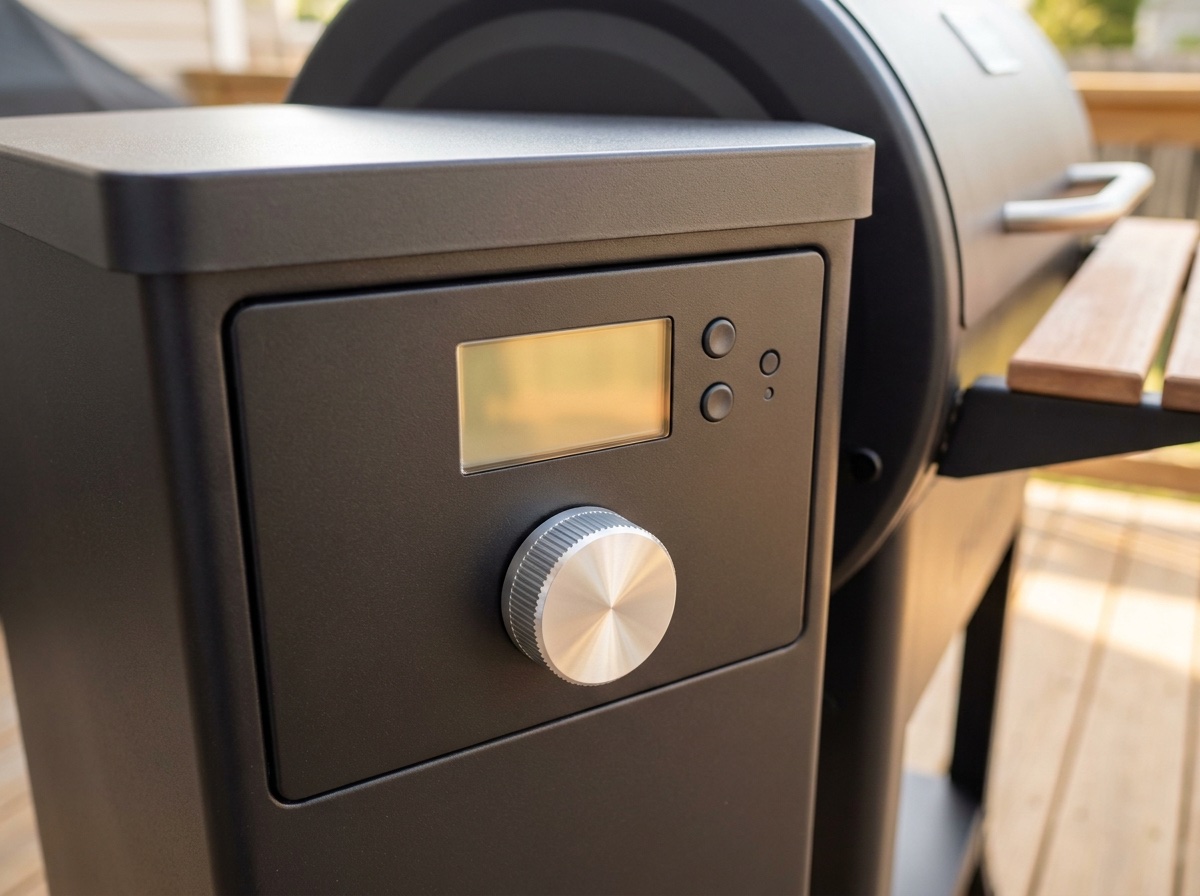 Pellet grill digital control panel with a rotary dial on the front of the hopper