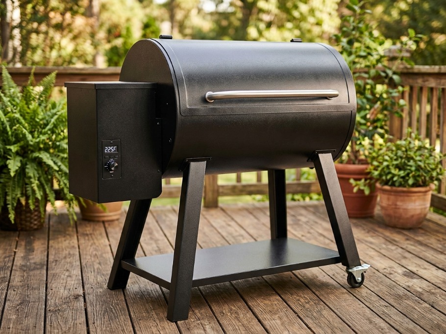 Pit Boss 700FB2 style pellet grill on a wooden deck patio