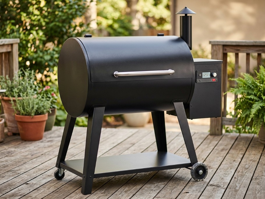 Traeger Pro 780 style pellet grill on a wooden deck patio, with a smoke stack and side control panel