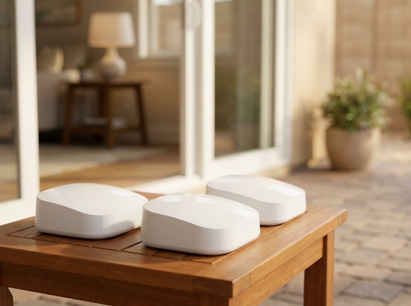 Three unbranded white mesh router units on a patio table near a glass door