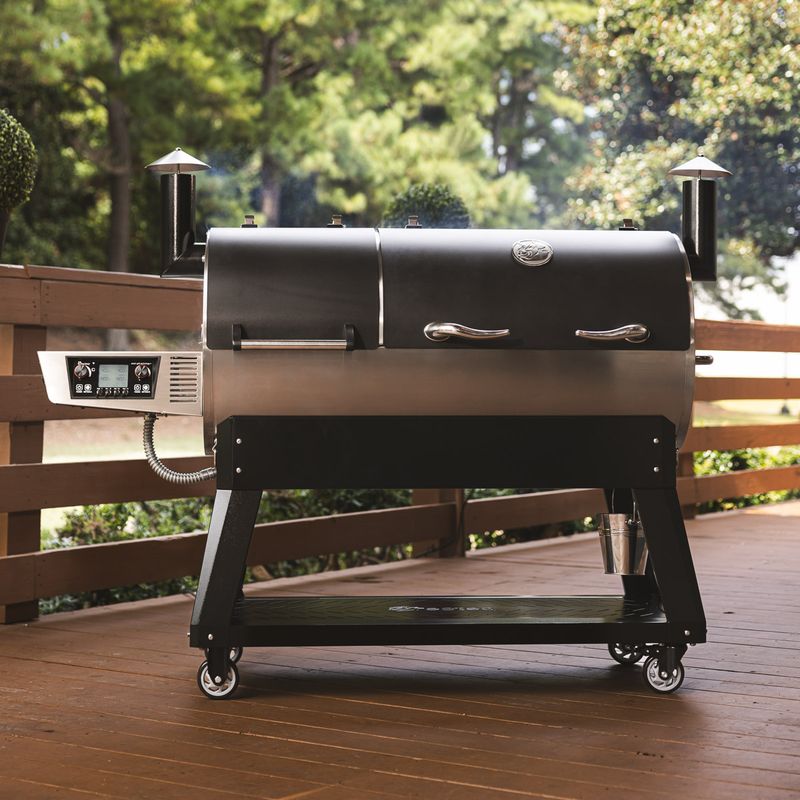 recteq DualFire 1200 pellet grill on a wooden deck, official recteq photo