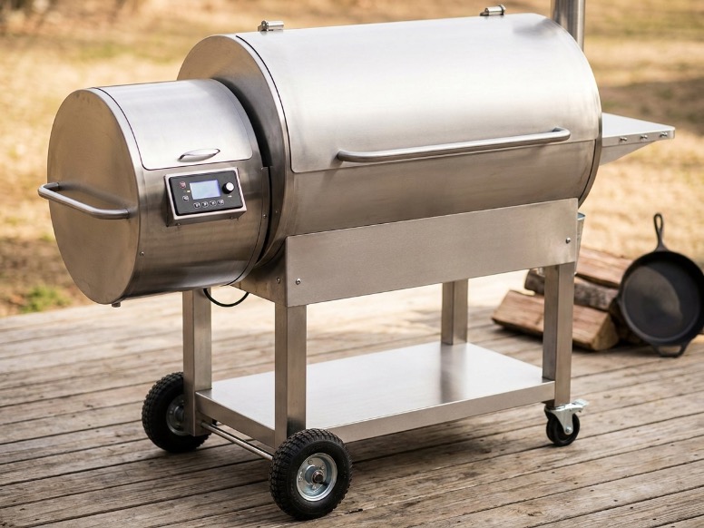 recteq pellet grill hopper and controller panel on an outdoor patio