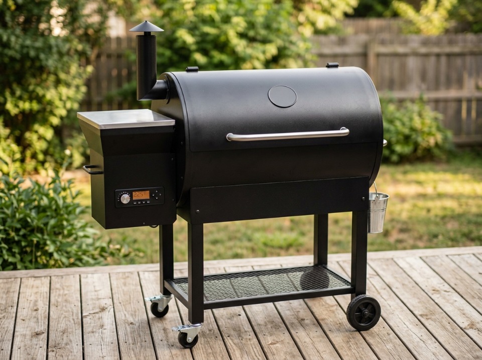 Pit Boss 700FB2 style pellet grill on a wooden deck patio