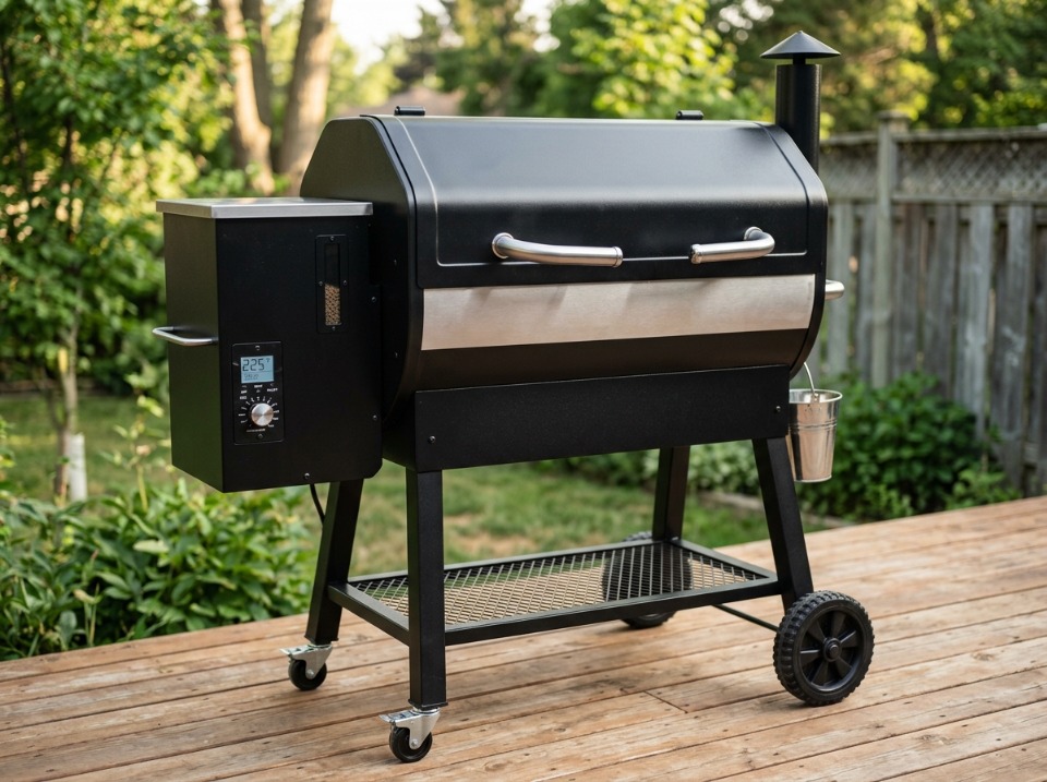 recteq Deck Boss 590 style pellet grill on a wooden deck patio, with a WiFi-connected digital control panel