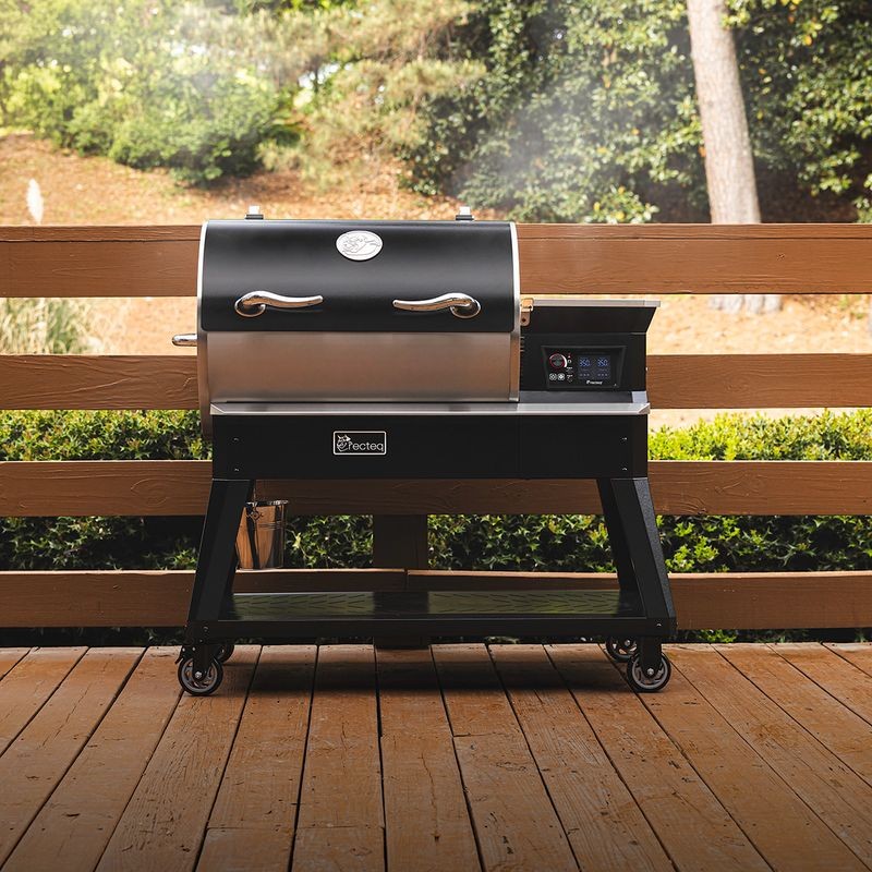 recteq Deck Boss 900 style pellet grill on a wooden deck patio, with a WiFi-connected digital control panel