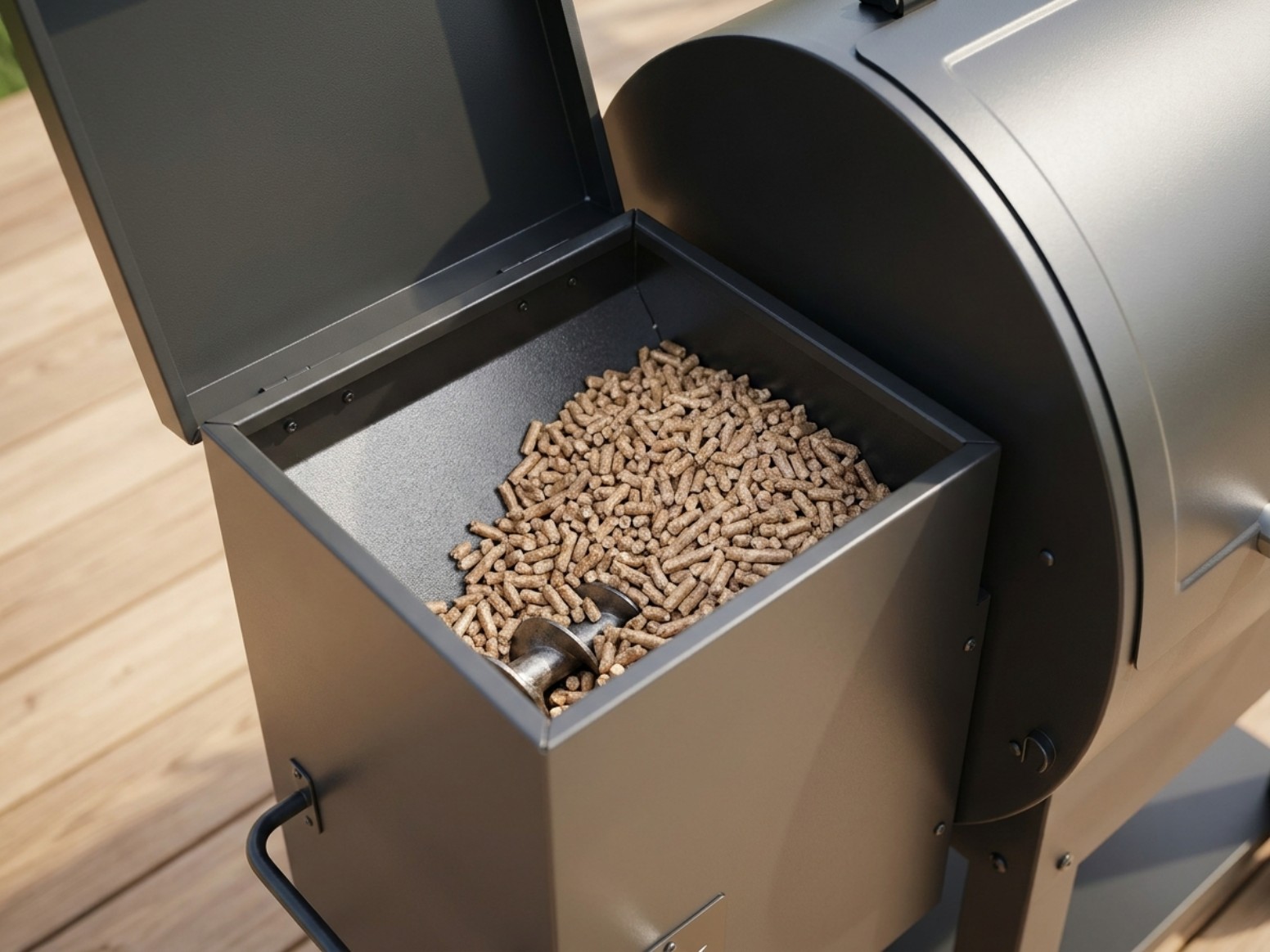 Pellet grill with the side hopper lid open, showing wood pellets inside next to the auger feed opening