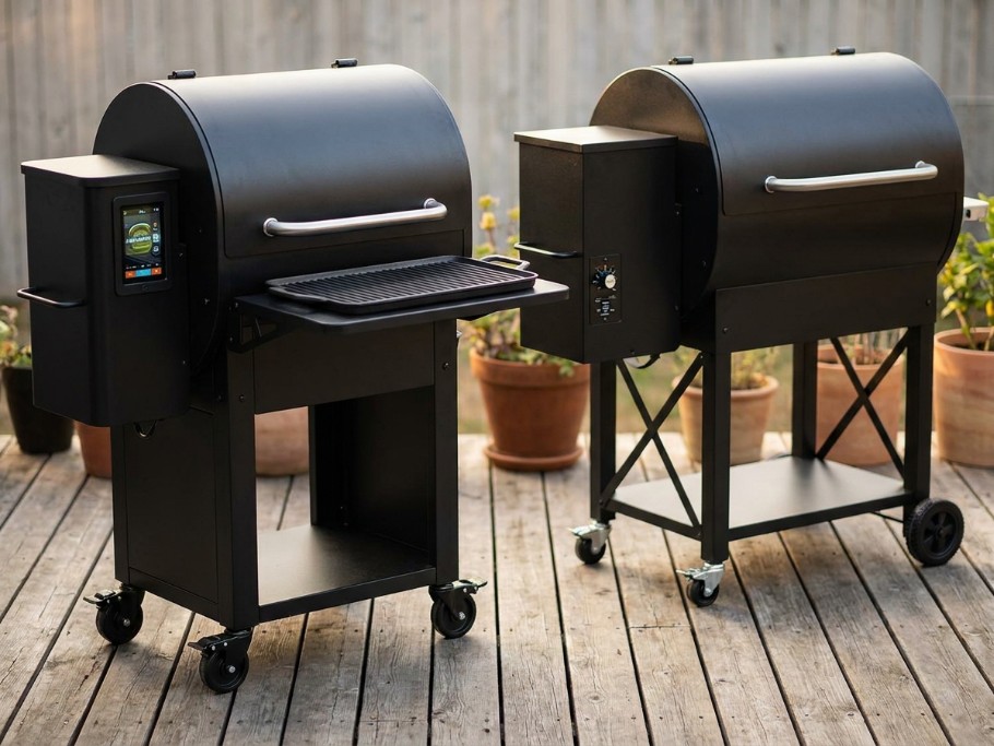 Traeger Ironwood XL and Weber Searwood XL 600 style pellet grills side by side on a deck