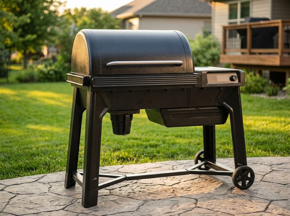 Traeger Woodridge style pellet grill with a digital controller and hopper clean-out door