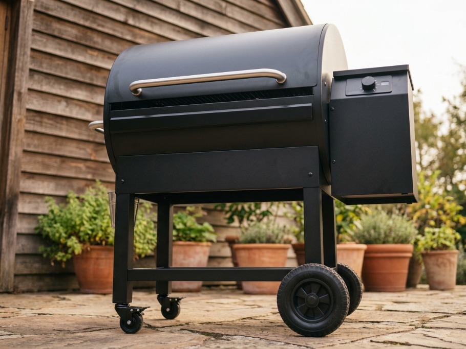 Weber Searwood XL 600 style pellet grill with a side-mounted hopper and dome lid