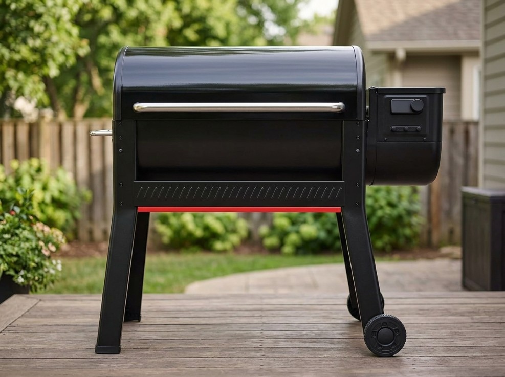 Weber Smoque XL style pellet smoker with a side-mounted hopper and domed lid