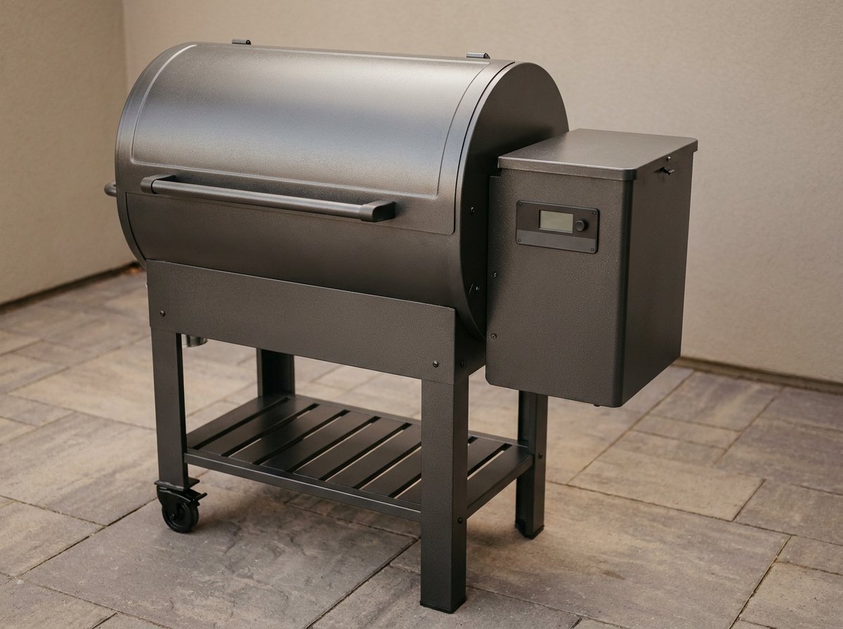 Pellet grill on a patio with a small controller display mounted below the hopper lid