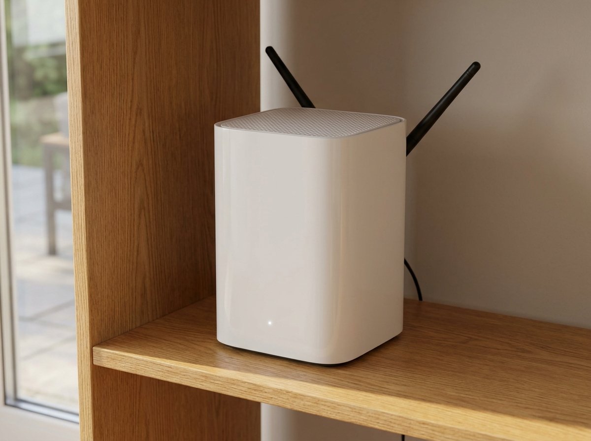 Home Wi-Fi router on a wooden shelf beside a window that looks out onto a patio