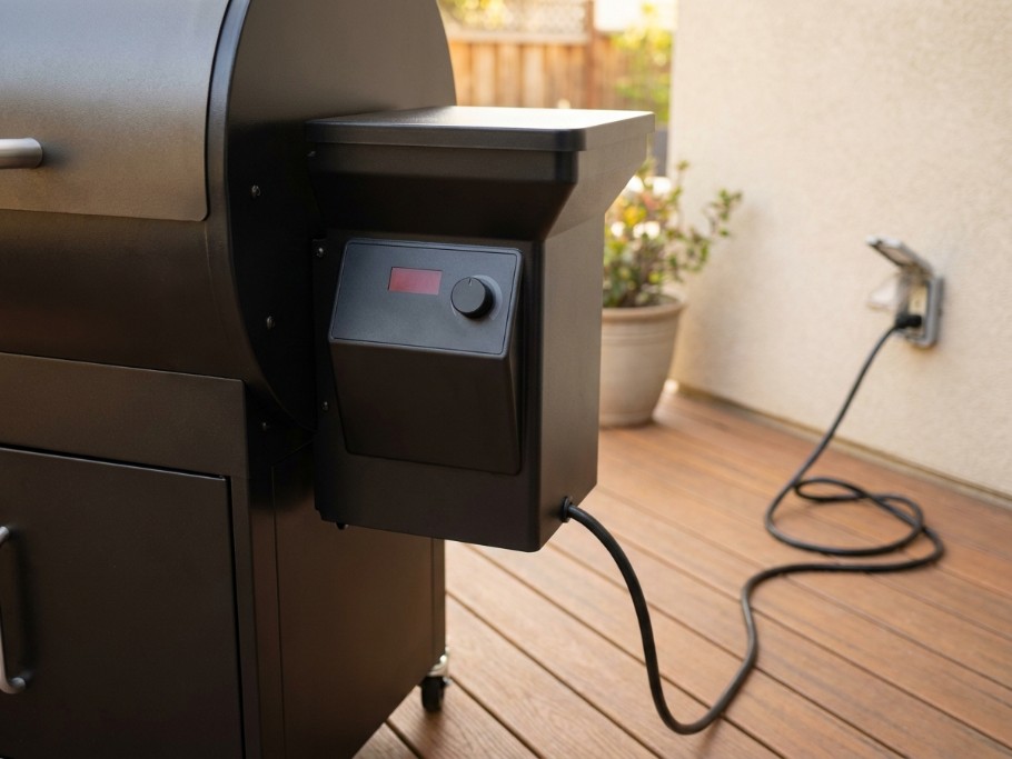 Traeger pellet grill hopper and controller panel on an outdoor patio, cord running to a wall outlet