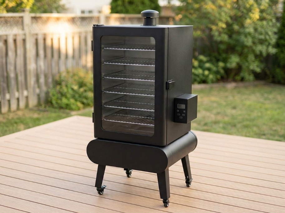 Pit Boss Sportsman 7-Series style mid-size vertical pellet smoker with rounded base and side control panel