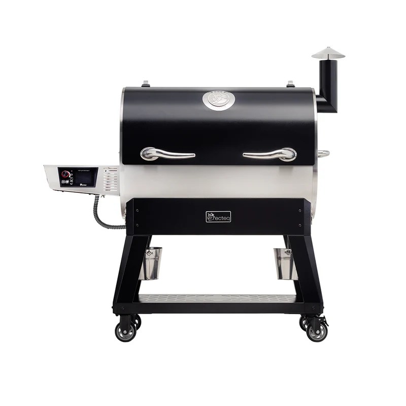 recteq Flagship 1600 pellet grill front view with the lid closed and its side controller