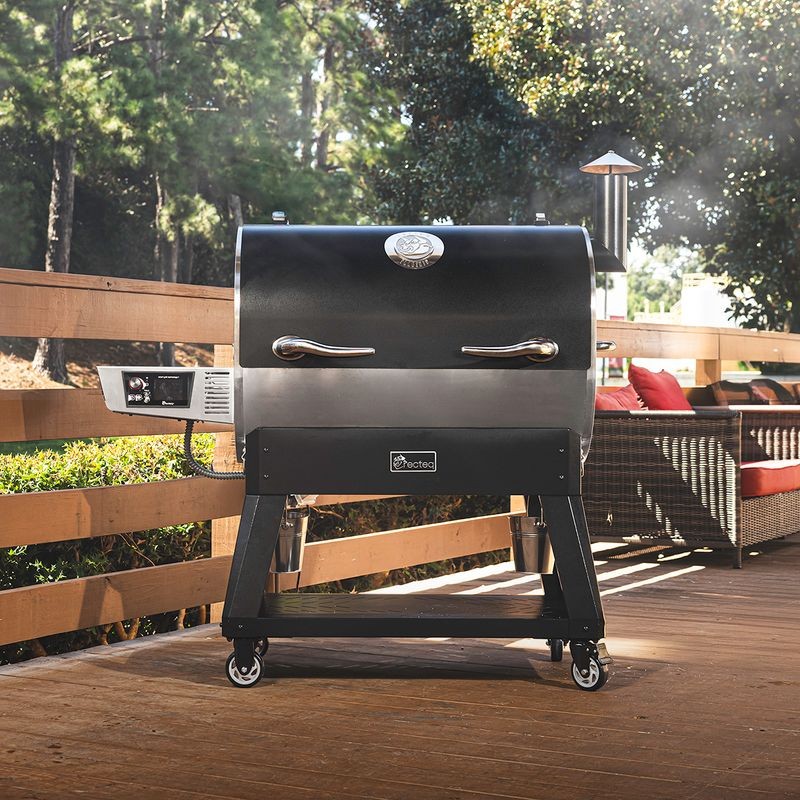 recteq Flagship 1600 style pellet grill on a wooden deck patio