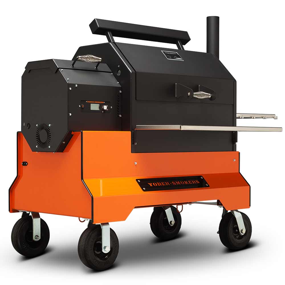 Yoder-style pellet grill with heavy steel cart and cooking chamber, on a wooden deck patio