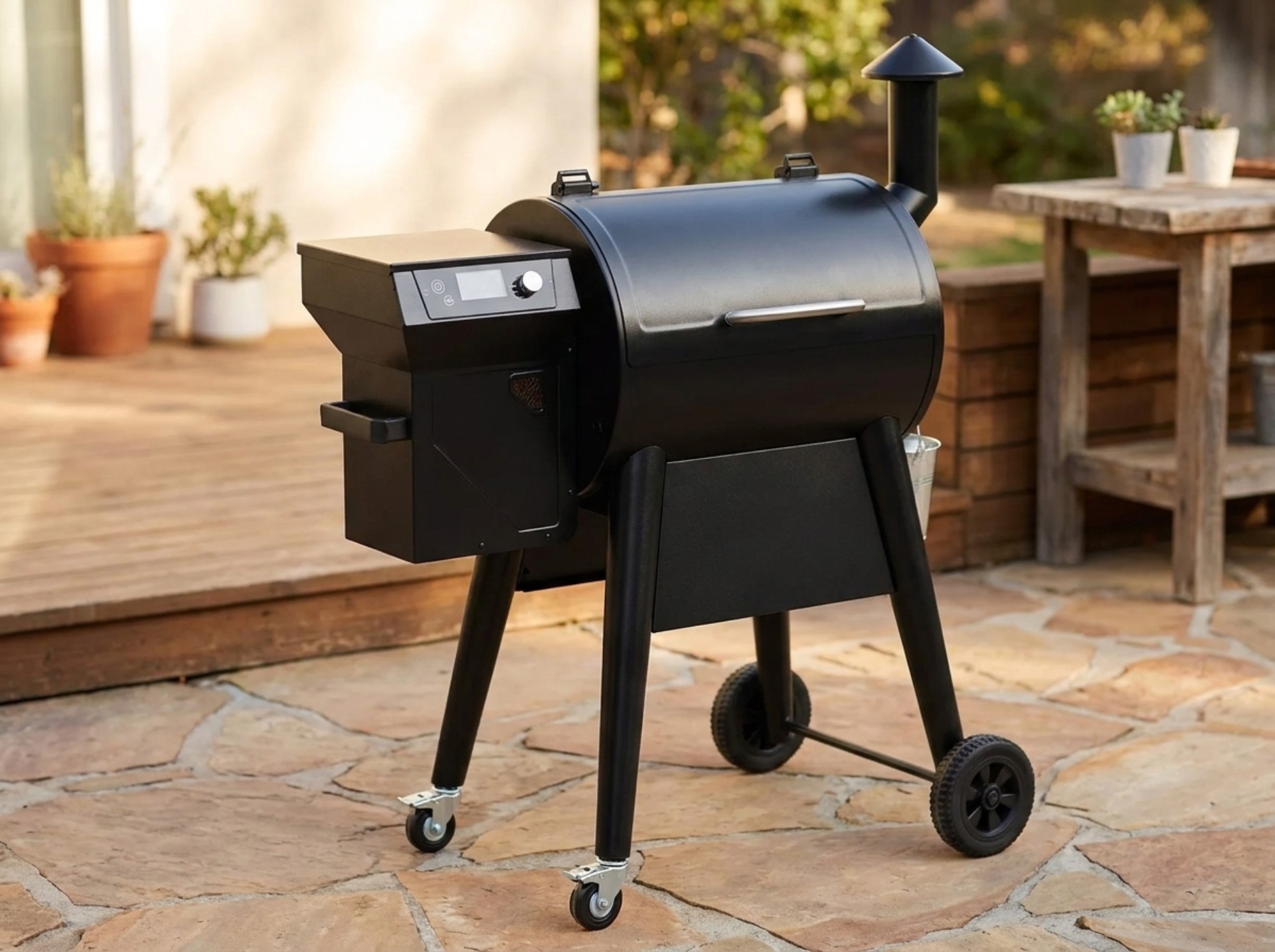 Z Grills 450B style pellet grill with a compact barrel-shaped cooking chamber and side-mounted hopper