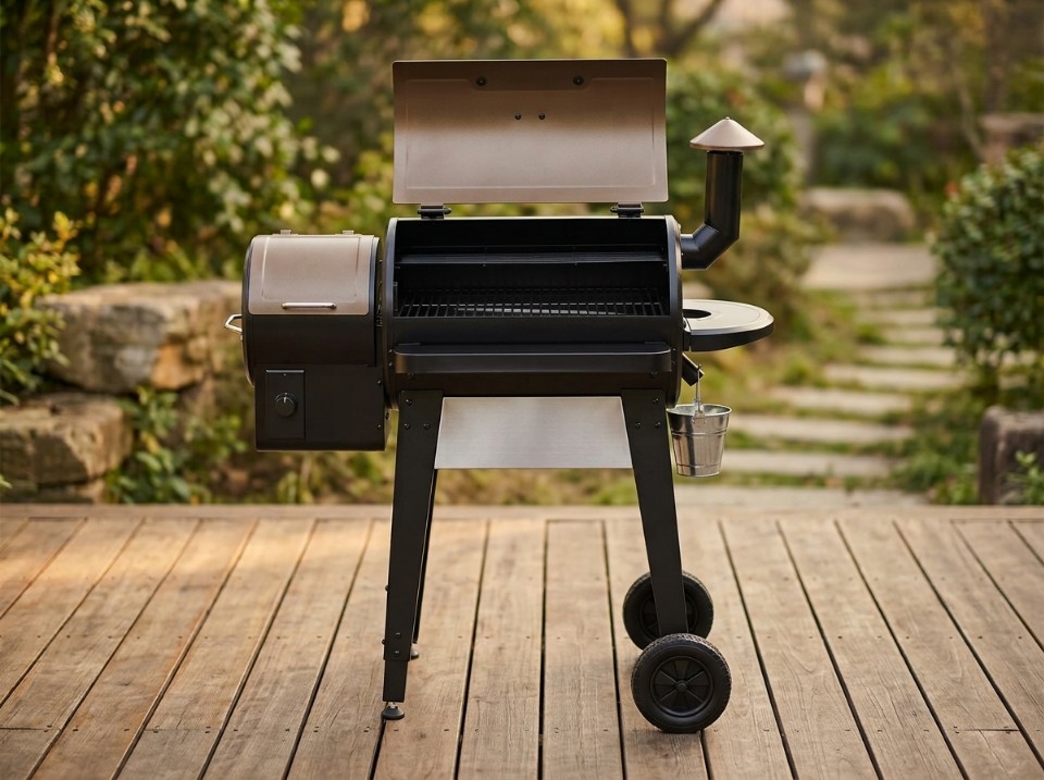 A wood pellet grill with the lid open on an outdoor wood deck
