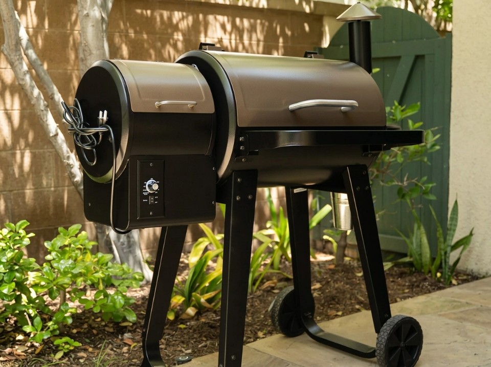 Z Grills ZPG-450A style pellet grill with its side hopper box and offset chimney